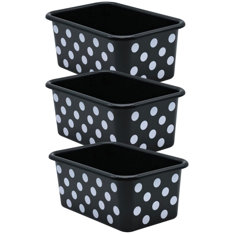 TEACHER CREATED RESOURCES - White Polka Dots on Black Small Plastic Storage Bin, Pack of 3