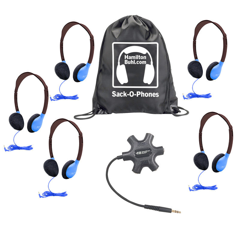 HAMILTONBUHL - Galaxy™ Econo-Line of Sack-O-Phones with 5 Blue Personal-Sized Headphones, Starfish Jackbox and Carry Bag
