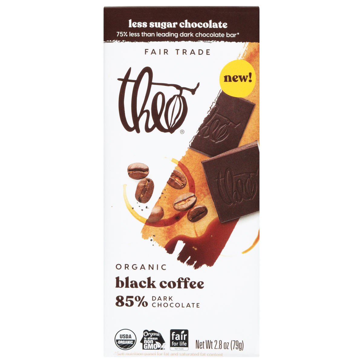 Theo Organic Black Coffee 85% Dark Chocolate 2.8 oz - Case of 12
