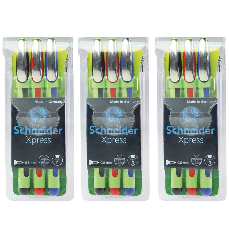 SCHNEIDER - Xpress Fineliner Pen, Fiber Tip, 0.8 mm, 3 Colors Per Pack, 3 Packs
