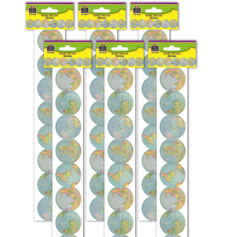 TEACHER CREATED RESOURCES - Travel the Map Globes Die-Cut Border Trim, 35 Feet Per Pack, 6 Packs
