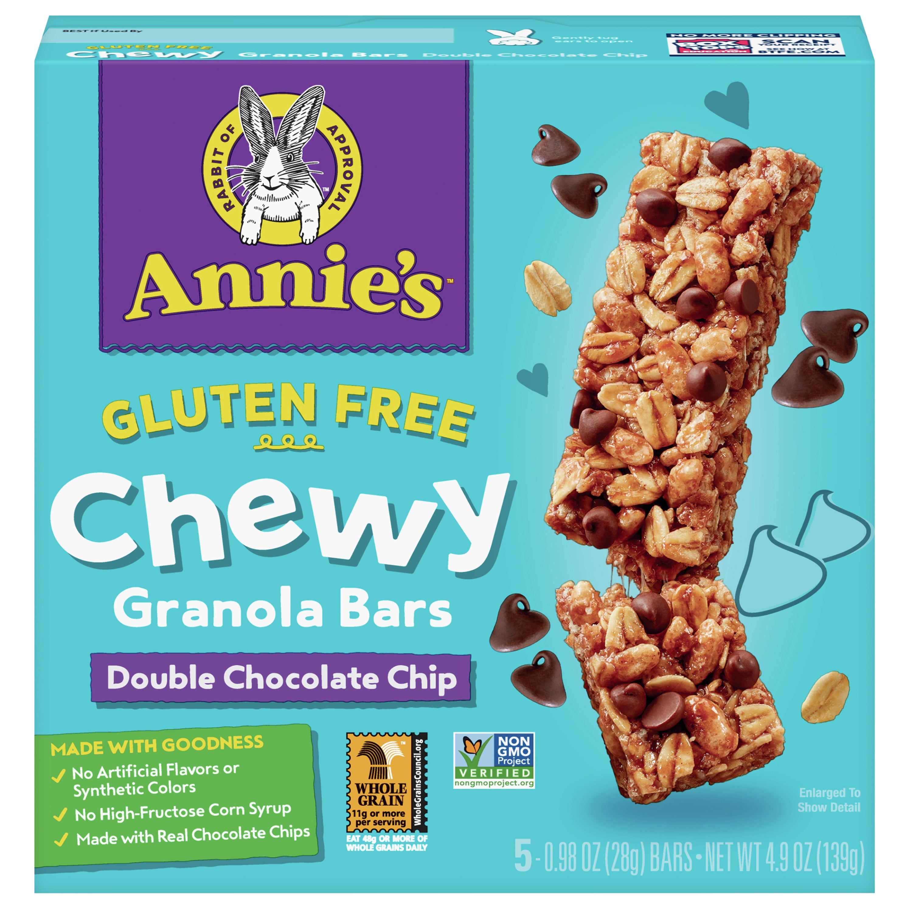 Annie's Gluten Free Chewy Granola Bars, Double Chocolate Chip, 5 Bars, 4.9 oz - Case of 12