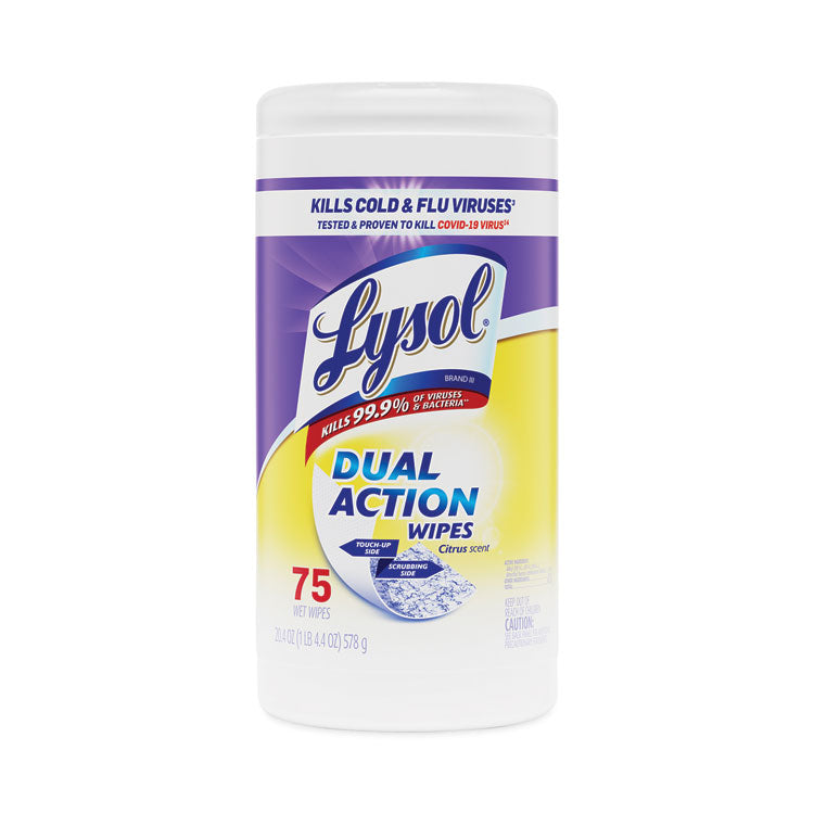 LYSOL Brand - Dual Action Disinfecting Wipes, 7 x 7.5, Citrus, White/Purple, 75/Canister, 6/Carton