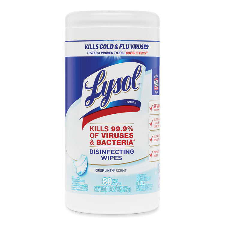 LYSOL Brand - Disinfecting Wipes, 1-Ply, 7 x 7.25, Crisp Linen, White, 80 Wipes/Canister