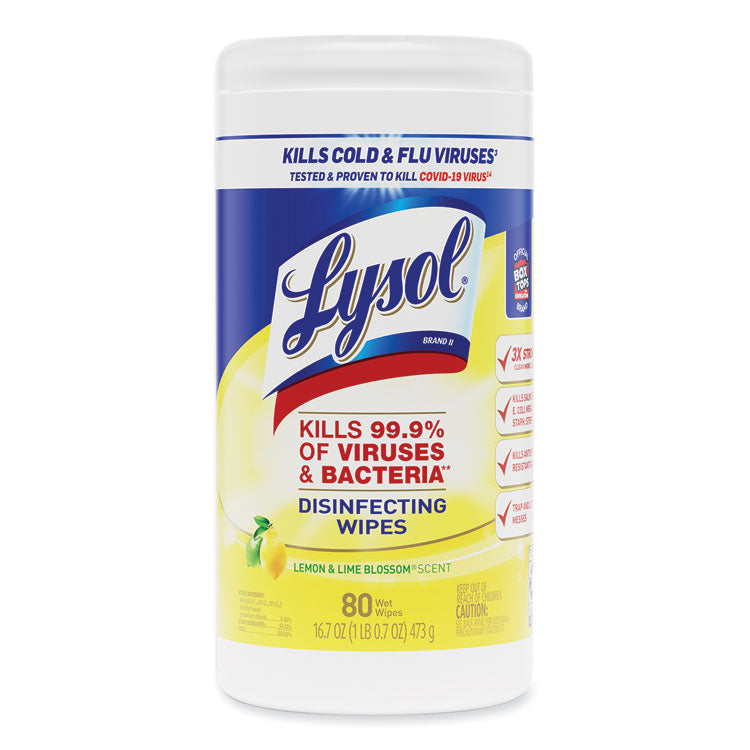 LYSOL Brand - Disinfecting Wipes, 7 x 7.25, Lemon and Lime Blossom, 80 Wipes/Canister, 6 Canisters/Carton
