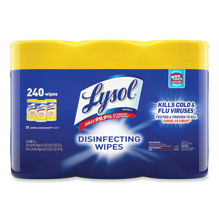 LYSOL Brand - Disinfecting Wipes, 7 x 7.25, Lemon and Lime Blossom, 80 Wipes/Canister, 3 Canisters/Pack