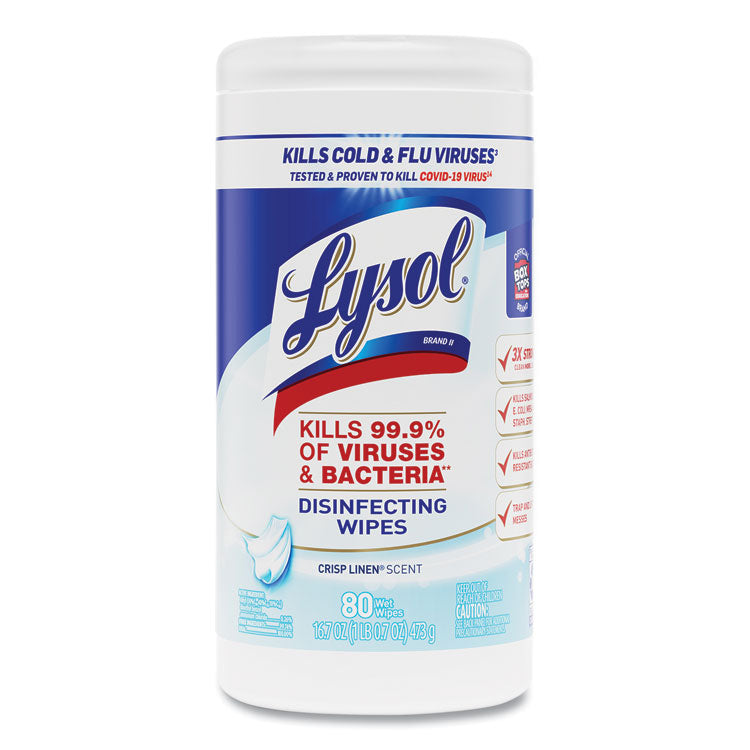 LYSOL Brand - Disinfecting Wipes, 7 x 7.25, Crisp Linen, 80 Wipes/Canister, 6 Canisters/Carton