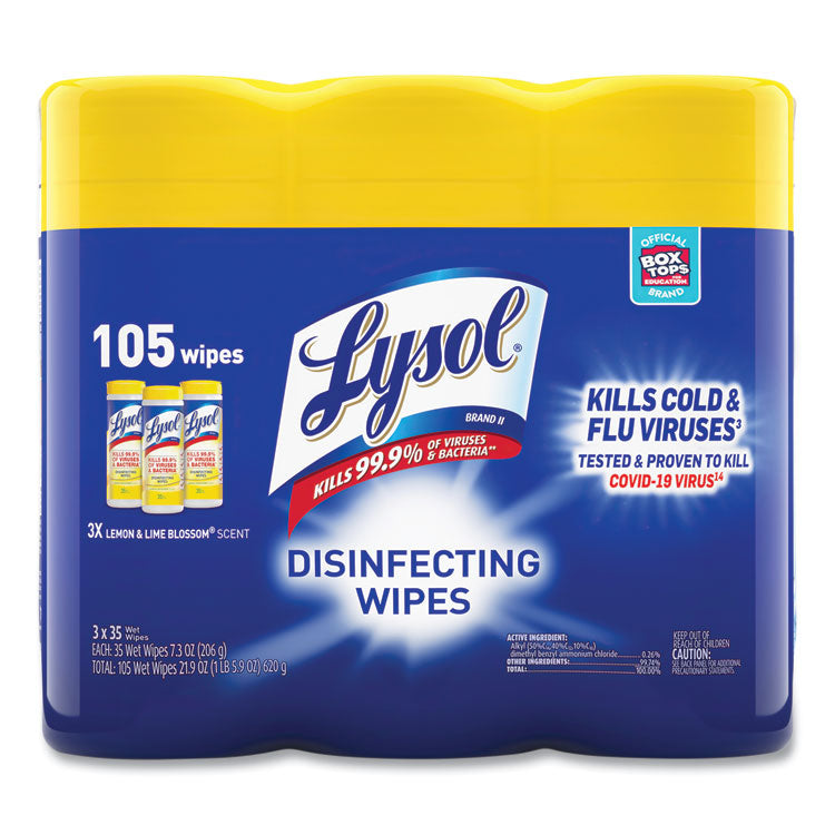 LYSOL Brand - Disinfecting Wipes, 7 x 7.25, Lemon and Lime Blossom, 35 Wipes/Canister, 3 Canisters/Pack