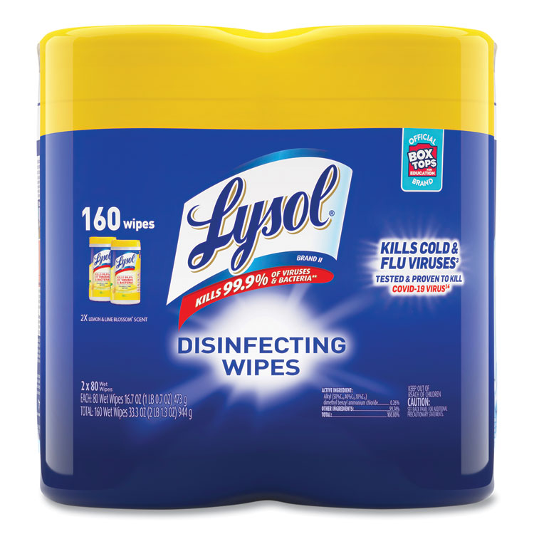 LYSOL Brand - Disinfecting Wipes, 7 x 7.25, Lemon and Lime Blossom, 80 Wipes/Canister, 2 Canisters/Pack