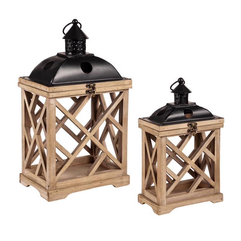 MEADOWCREEK - Meadowcreek Two Mantle Metal/Wood Hurricane Lantern Black/Brown - Case of 2