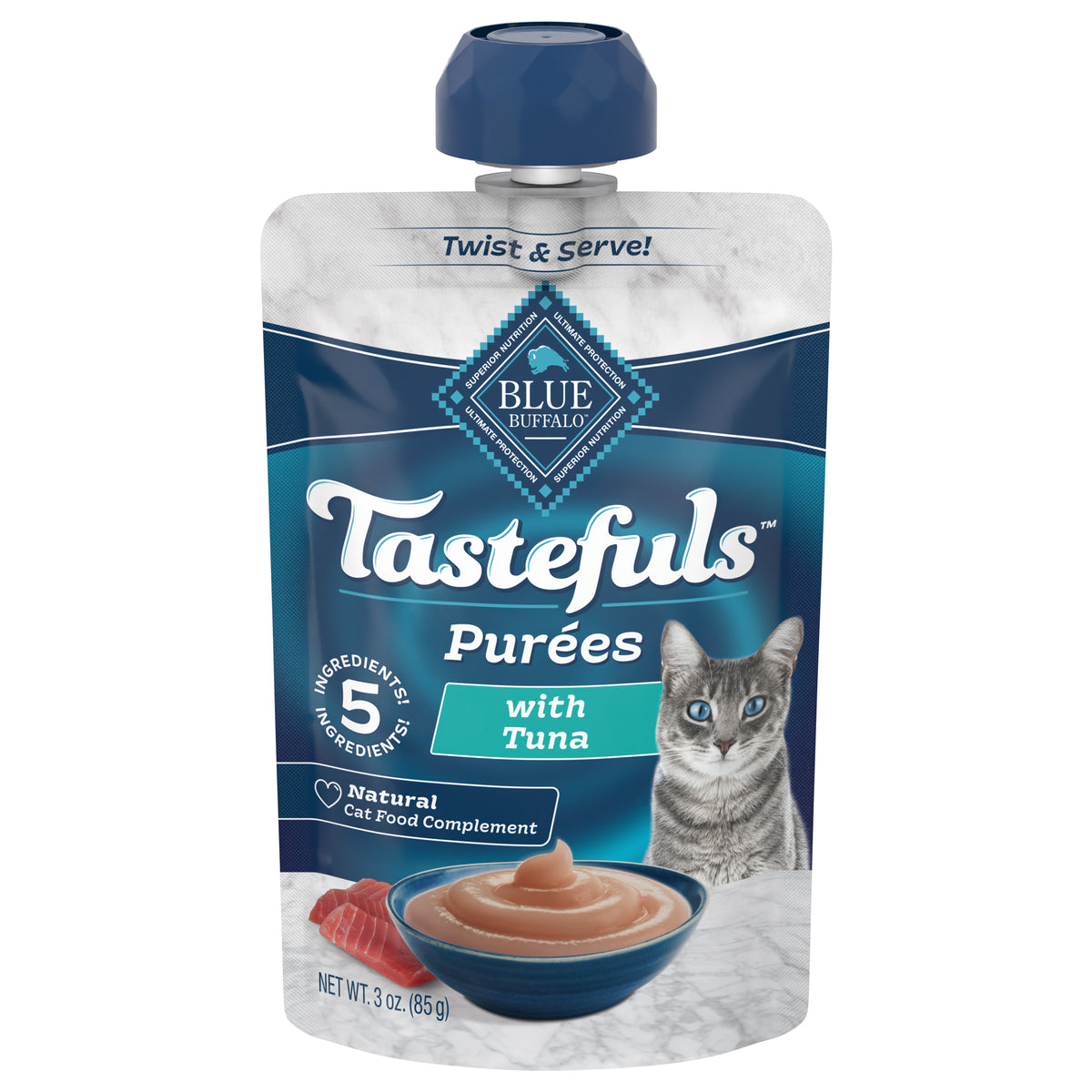 Blue Buffalo Tastefuls Adult Cat Natural Purées, Tuna 3-oz Resealable Twist Cap Pouch - Case of 12