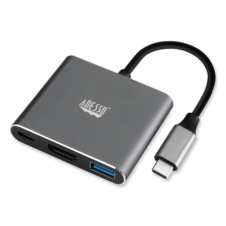 Adesso - 3-in-1 USB-C Multi-Port TAA Compliant Docking Station, HDMI, USB-C, USB 3 A+PD, Black/Gray
