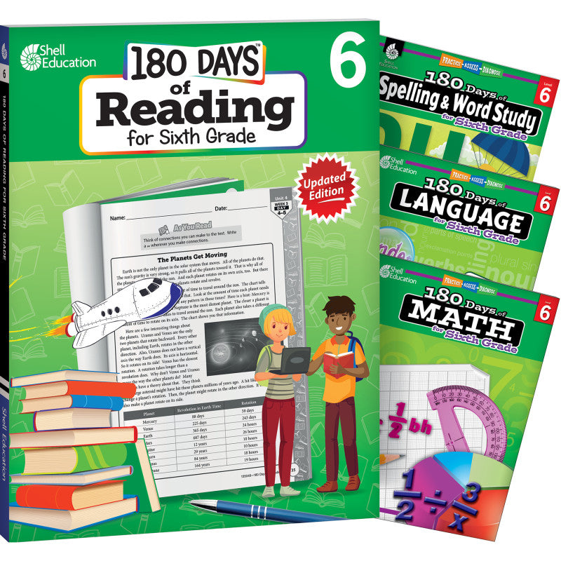 SHELL EDUCATION - 180 Days Reading, Spelling, Language, & Math Grade 6: 4-Book Set