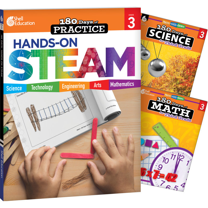 SHELL EDUCATION - 180 Days STEAM, Science, & Math Grade 3: 3-Book Set