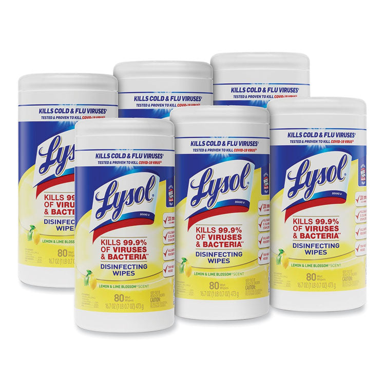 LYSOL Brand - Disinfecting Wipes, 1-Ply, 7 x 7.25, Lemon and Lime Blossom, White, 80 Wipes/Canister