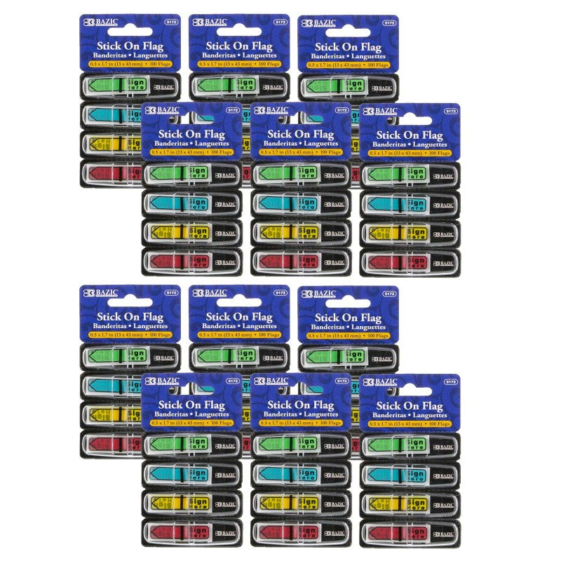 BAZIC PRODUCTS - Neon Color Printed Sign Here Flags with Dispenser, 100 Per Pack, 12 Packs