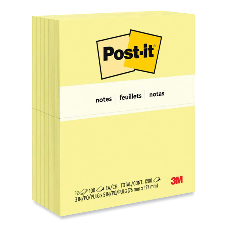 Post-it Notes - Original Pads in Canary Yellow, 3" x 5", 100 Sheets/Pad, 12 Pads/Pack