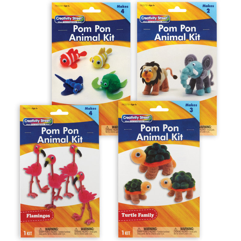 CREATIVITY STREET - Pom Pon Animal Craft Kits, Ocean, Turtle, Flamingos, Lion & Elephant, 4 Kits