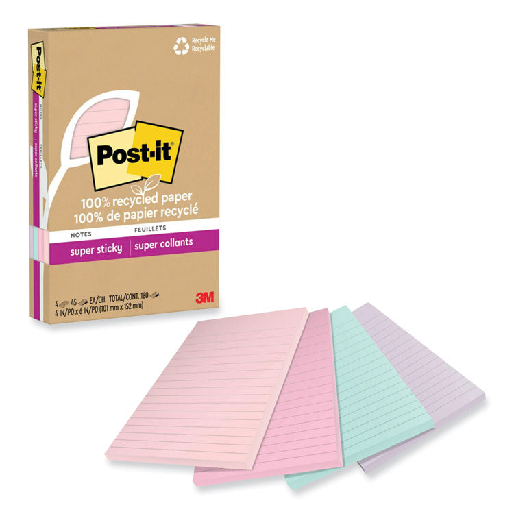 Post-it Notes Super Sticky - 100% Recycled Paper Super Sticky Notes, Ruled, 4" x 6", Wanderlust Pastels, 45 Sheets/Pad, 4 Pads/Pack