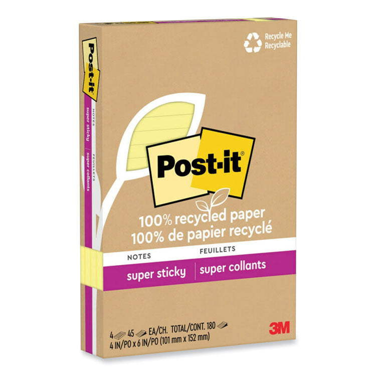 Post-it Notes Super Sticky - 100% Recycled Paper Super Sticky Notes, Ruled, 4" x 6", Canary Yellow, 45 Sheets/Pad, 4 Pads/Pack