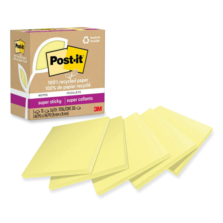 Post-it Notes Super Sticky - 100% Recycled Paper Super Sticky Notes, 3" x 3", Canary Yellow, 70 Sheets/Pad, 5 Pads/Pack