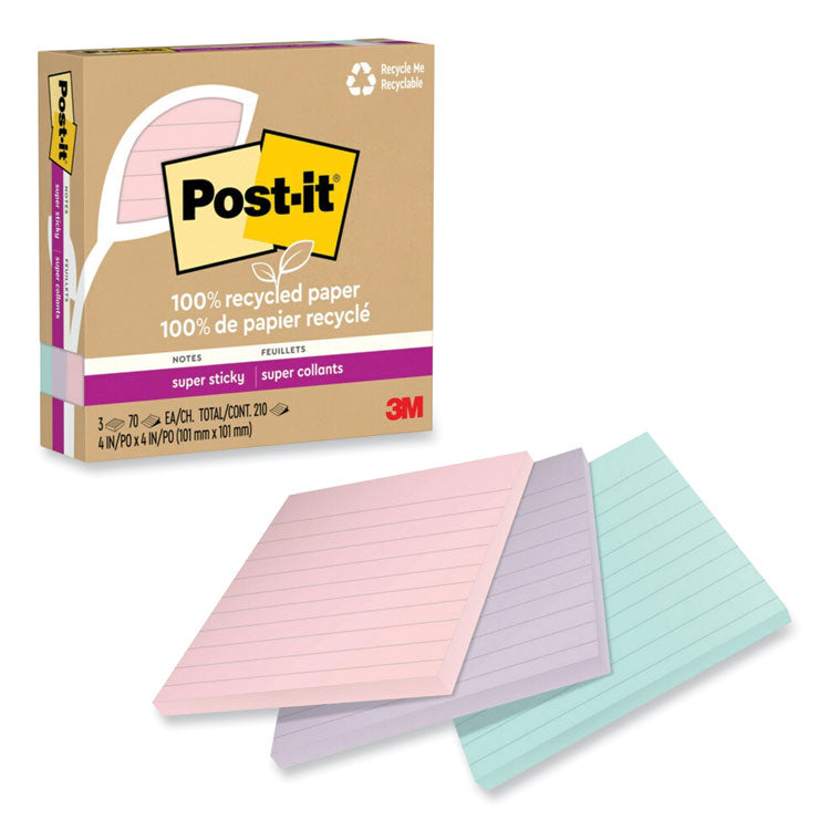 Post-it Notes Super Sticky - 100% Recycled Paper Super Sticky Notes, Ruled, 4" x 4", Wanderlust Pastels, 70 Sheets/Pad, 3 Pads/Pack