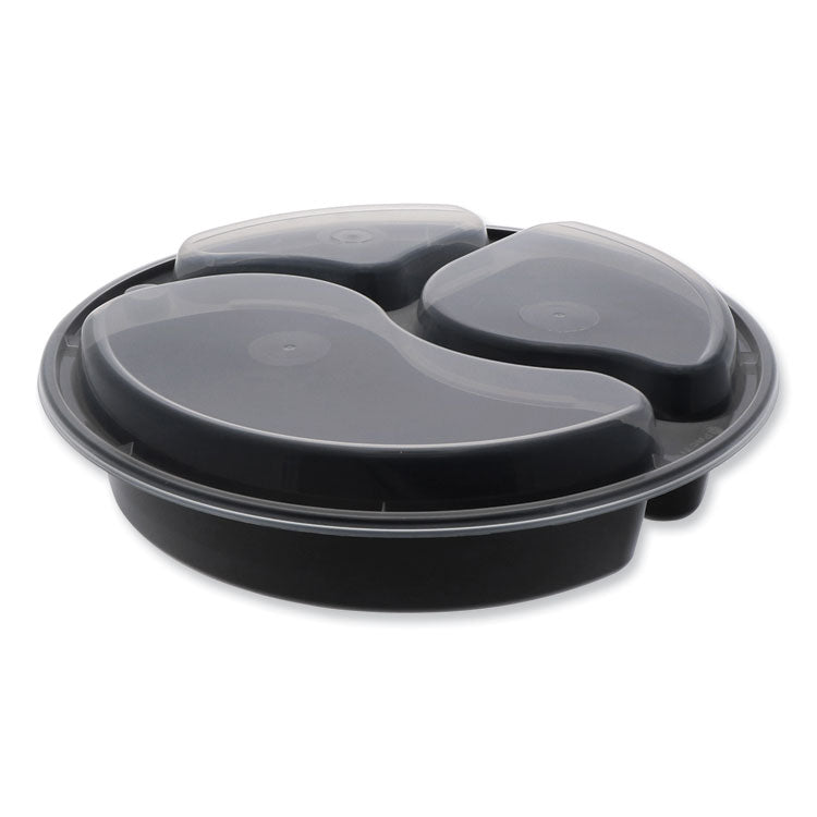 Pactiv Evergreen - Newspring VERSAtainer Microwavable Containers, Round, 3-Compartment, 39 oz, 9 x 9 x 2.25, Black/Clear, Plastic, 150/Carton