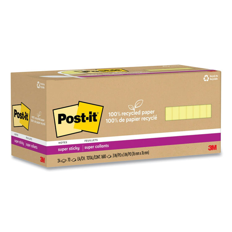 Post-it Notes Super Sticky - 100% Recycled Paper Super Sticky Notes, 3" x 3", Canary Yellow, 70 Sheets/Pad, 24 Pads/Pack