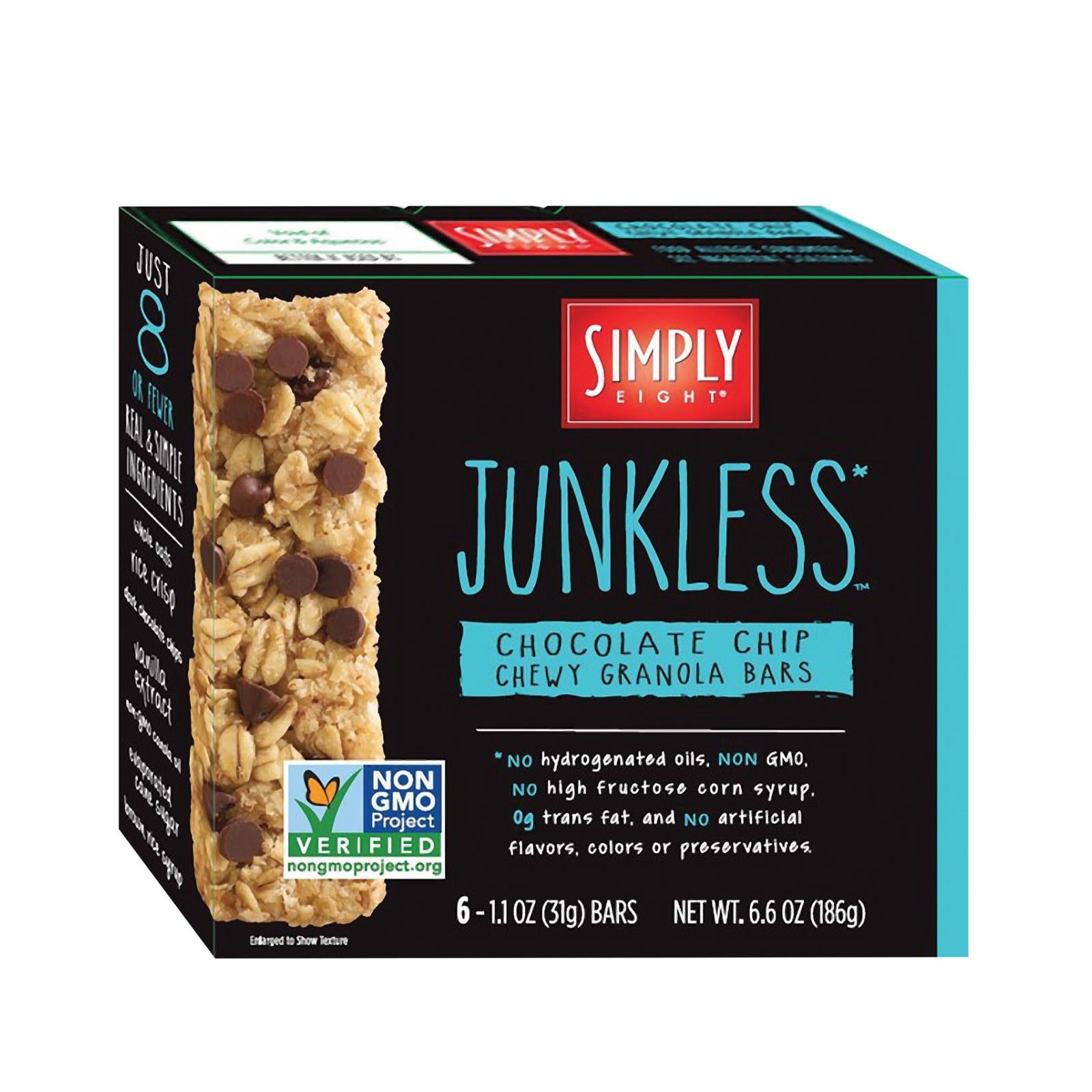 Simply 8 Junkless Granola Bars - Real Chocolate Chip Chewy - Case of 8 - 6.6 oz.