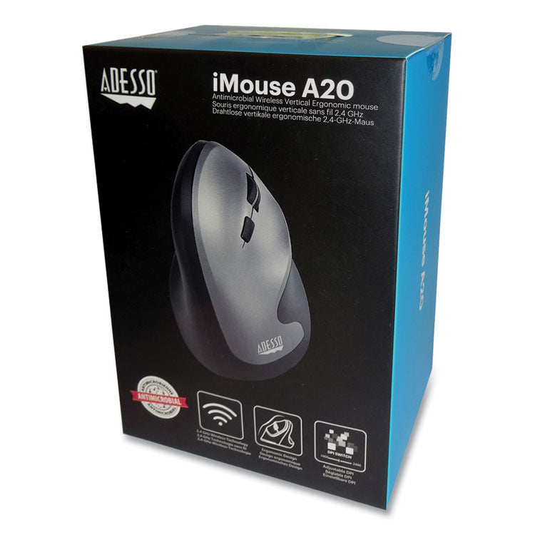 Adesso - iMouse A20 Antimicrobial Vertical Wireless Mouse, 2.4 GHz Frequency/33 ft Wireless Range, Right Hand Use, Black/Granite