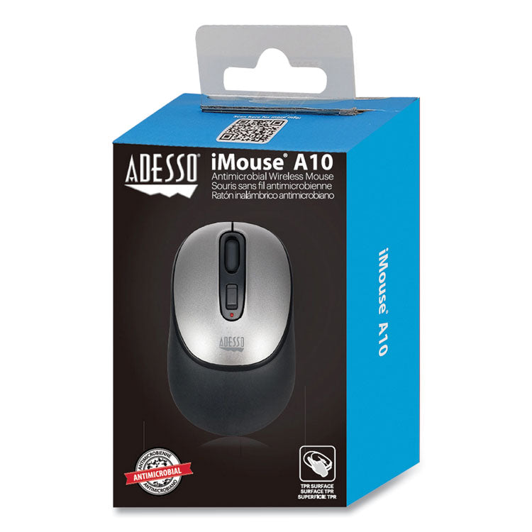 Adesso - iMouse A10 Antimicrobial Wireless Mouse, 2.4 GHz Frequency/30 ft Wireless Range, Left/Right Hand Use, Black/Silver