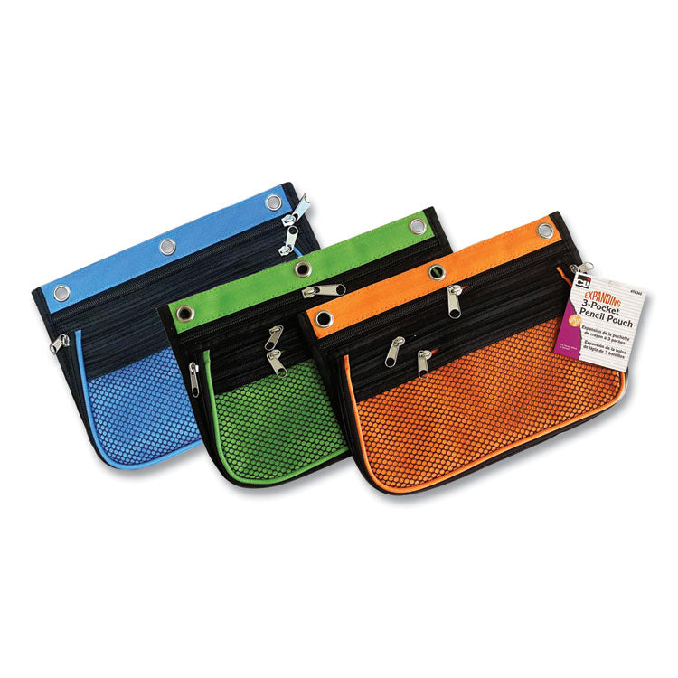 Charles Leonard - Three-Pocket Expandable Binder Pouch, 10.25 x 7.5, Assorted Colors, 3/Pack
