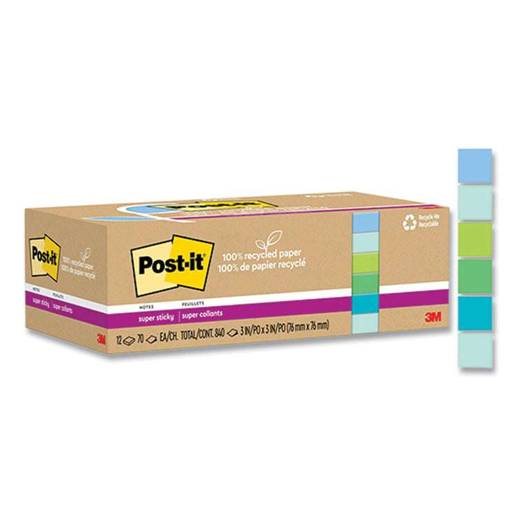 Post-it Notes Super Sticky - 100% Recycled Paper Super Sticky Notes, Unruled, 3" x 3", Assorted Oasis Colors, 70 Sheets/Pad, 12 Pads/Pack