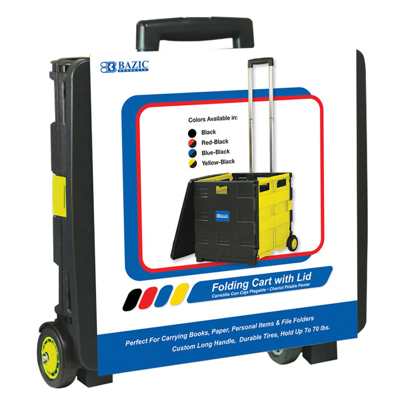 BAZIC PRODUCTS - Folding Cart on Wheels w/Lid Cover, 16" x 18" x 15", Yellow