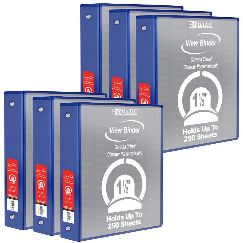 BAZIC PRODUCTS - 3-Ring View Binder with 2 Pockets, 1.5", Blue, Pack of 6