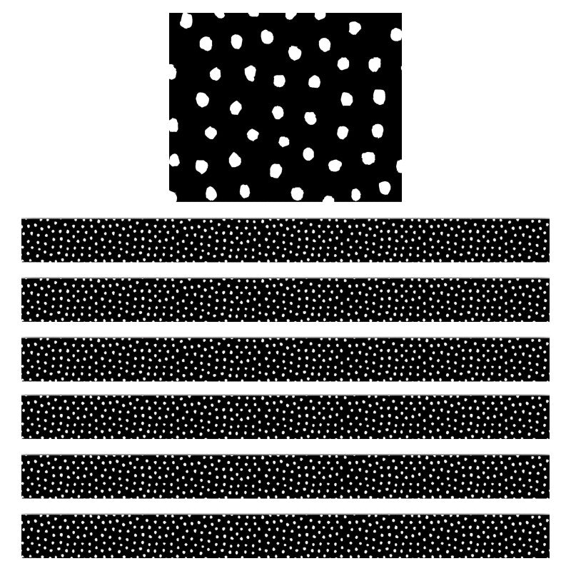 TEACHER CREATED RESOURCES - White Painted Dots on Black Straight Border Trim, 35 Feet Per Pack, 6 Packs