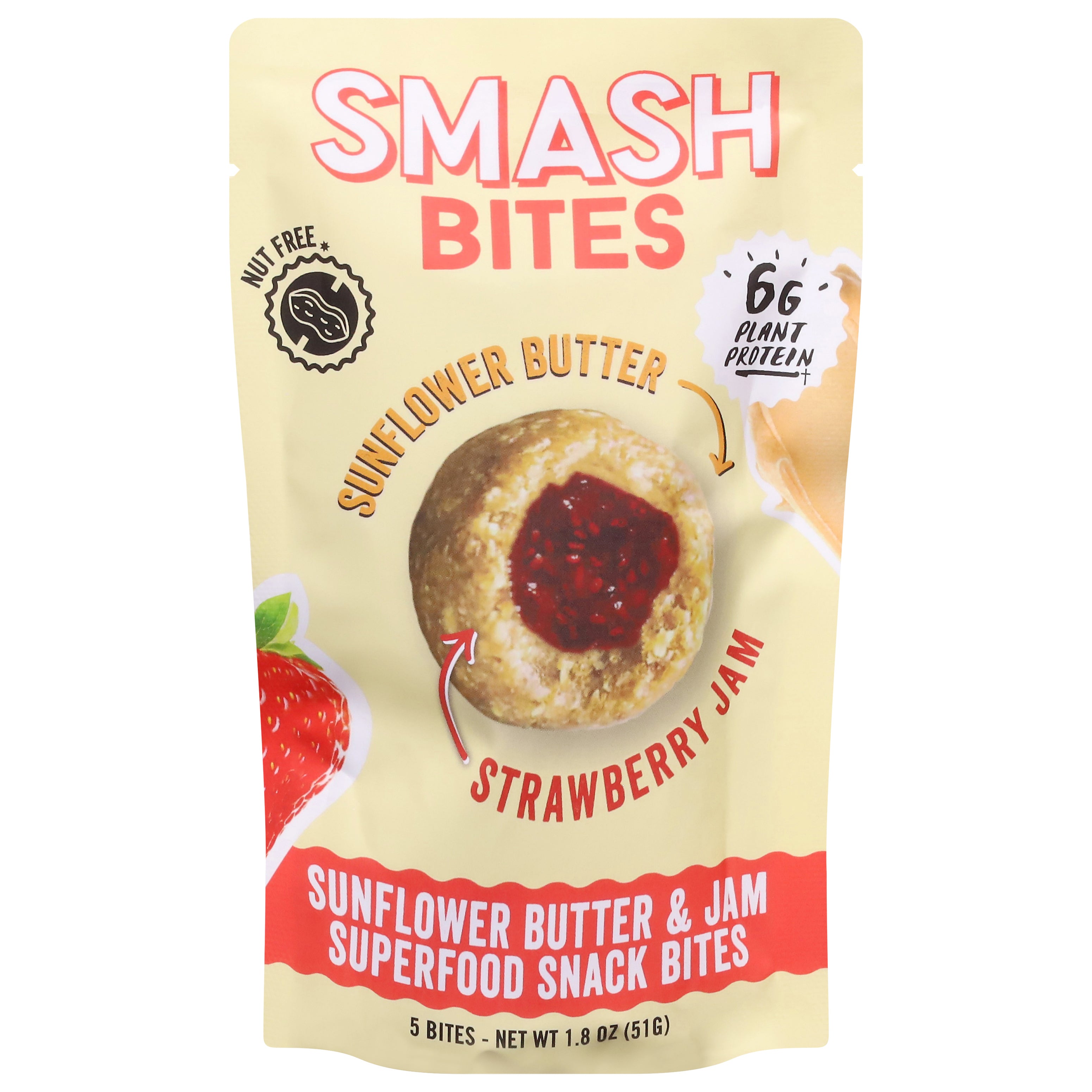 Smash Bites Sunflower Butter & Jam Superfood Strawberry Snack Bites 5 ea - Case of 8