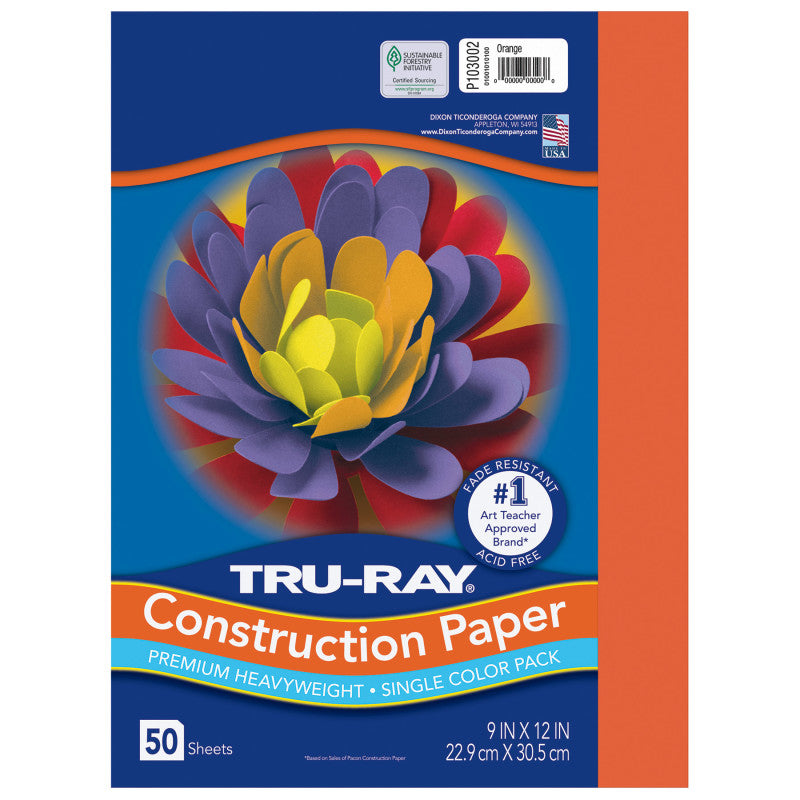 Construction Paper, Heavyweight, Orange, 9" x 12", 50 Sheets
