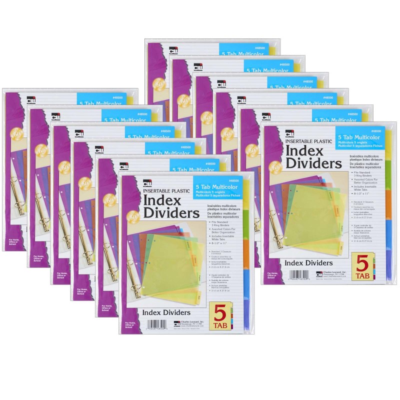 CHARLES LEONARD - Index Dividers, 5-Tab, Assorted Colors, 5 Per Pack, 12 Packs