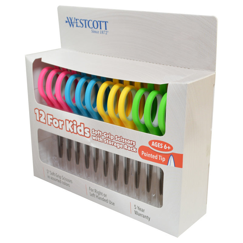 WESTCOTT - Soft Handle 5" Kids Scissors Classpack, Pointed, Pack of 12