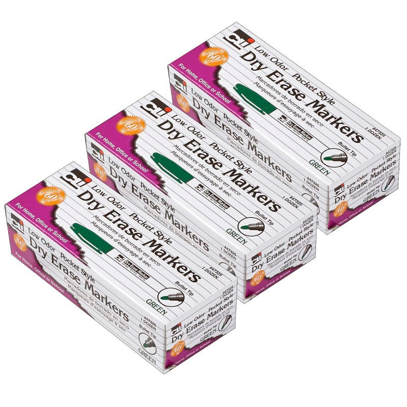 CHARLES LEONARD - Dry Erase Markers, Low Odor, Pocket Style, Bullet Tip, Green, 12 Per Box, 3 Boxes