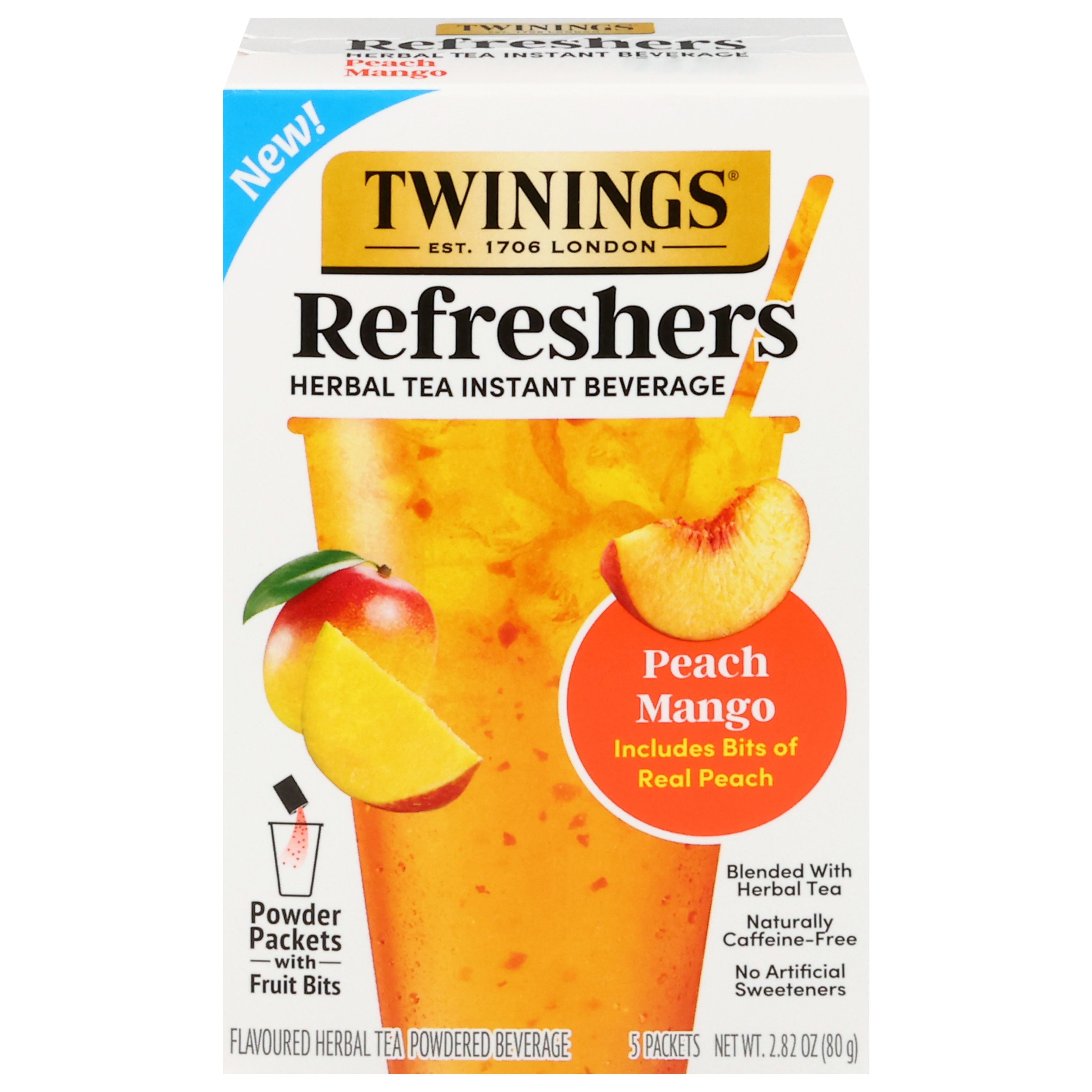 Twinings Refreshers Instant Beverage Peach Mango Herbal Tea 5 Packets - Case of 6