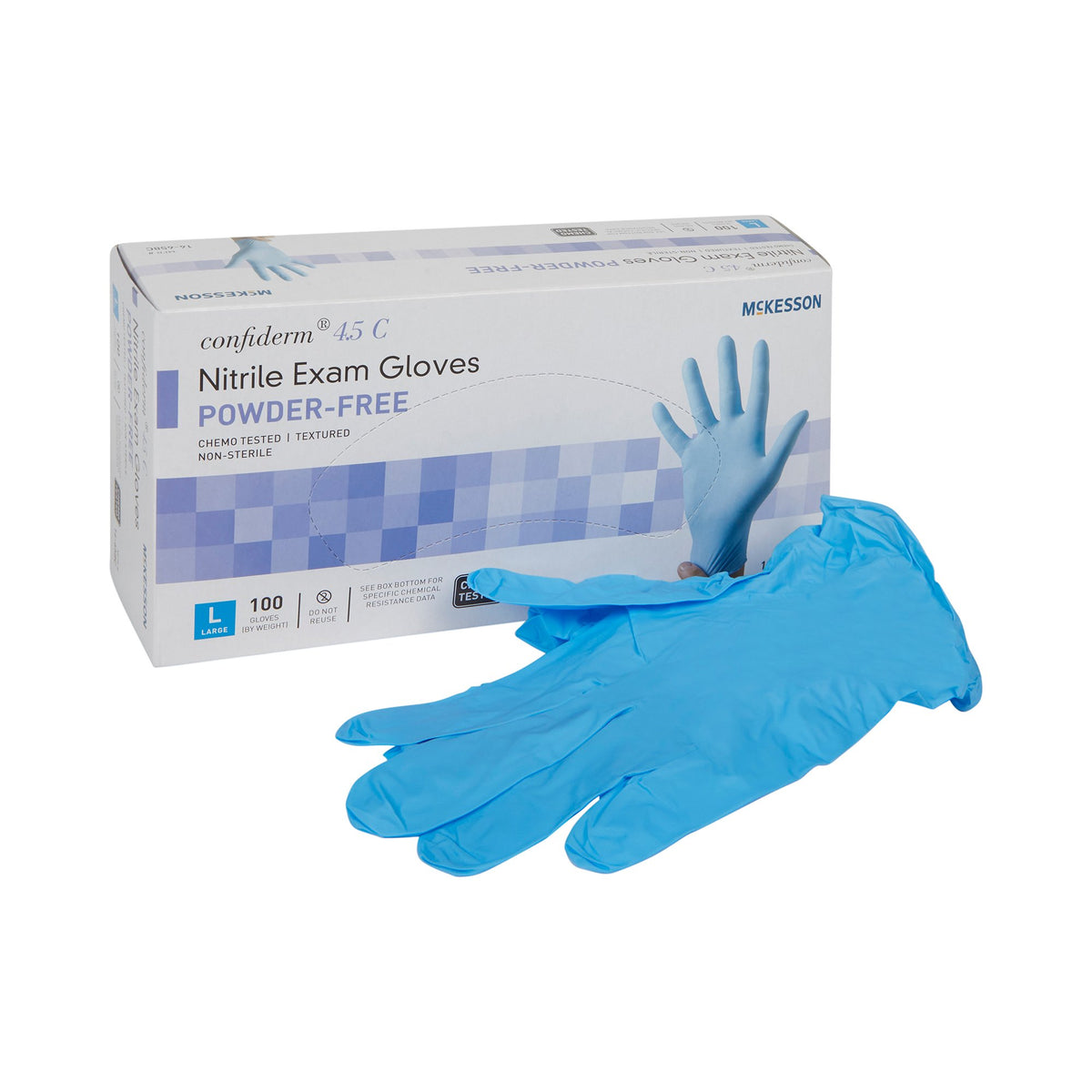 McKesson Brand - Exam Glove McKesson Confiderm® 4.5C Large NonSterile Nitrile Standard Cuff Length Textured Fingertips Blue Chemo Tested [100/BX]