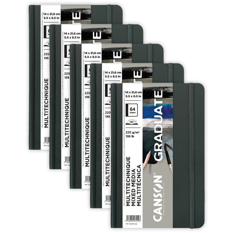 Graduate Mixed Media Art Book, Toned Gray, Hard Cover Binding, 32 Sheet, 5.5x8.5 inch, Pack of 5