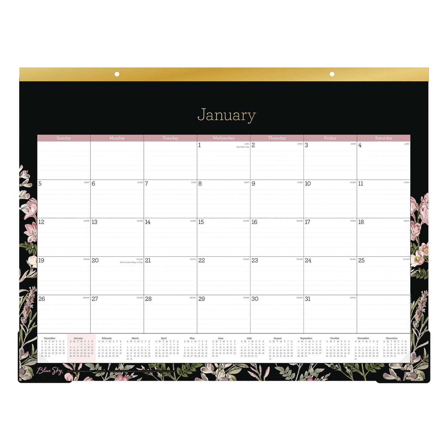 Neveah Monthly Desk Pad Calendar, Floral Artwork, 22" x 17", White/Black/Pink Sheets, Gold Headband, 12-Month (Jan-Dec): 2026