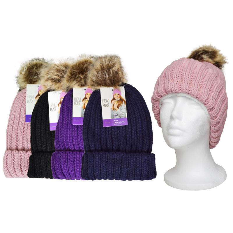 DIAMOND VISIONS - Diamond Visions Heat Max Fur Pom-Pom Thermal Hat Acrylic 1 pc - Case of 24