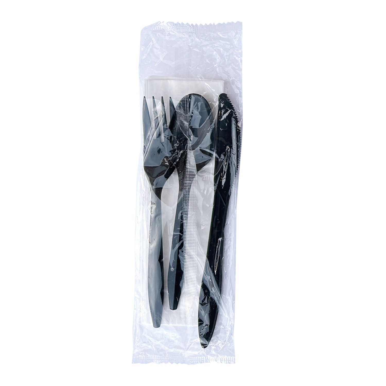 Four-Piece Cutlery Kit, Mediumweight, Fork/Knife/Napkin/Spoon, Plastic, 6.38", Black, 250/Carton