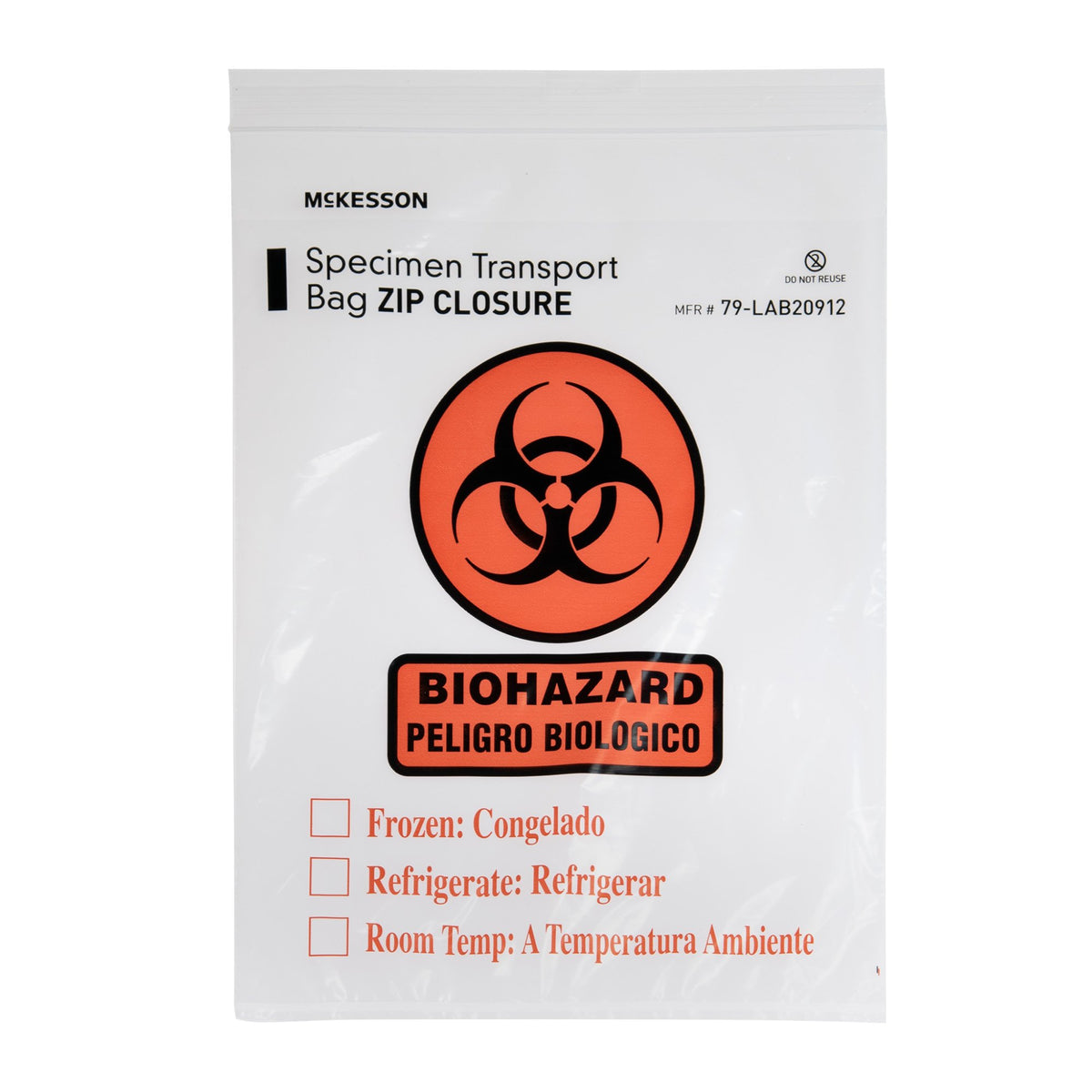 McKesson Brand - Specimen Transport Bag with Document Pouch McKesson 9 X 12 Inch Zip Closure Biohazard Symbol / Storage Instructions NonSterile [1/PK]
