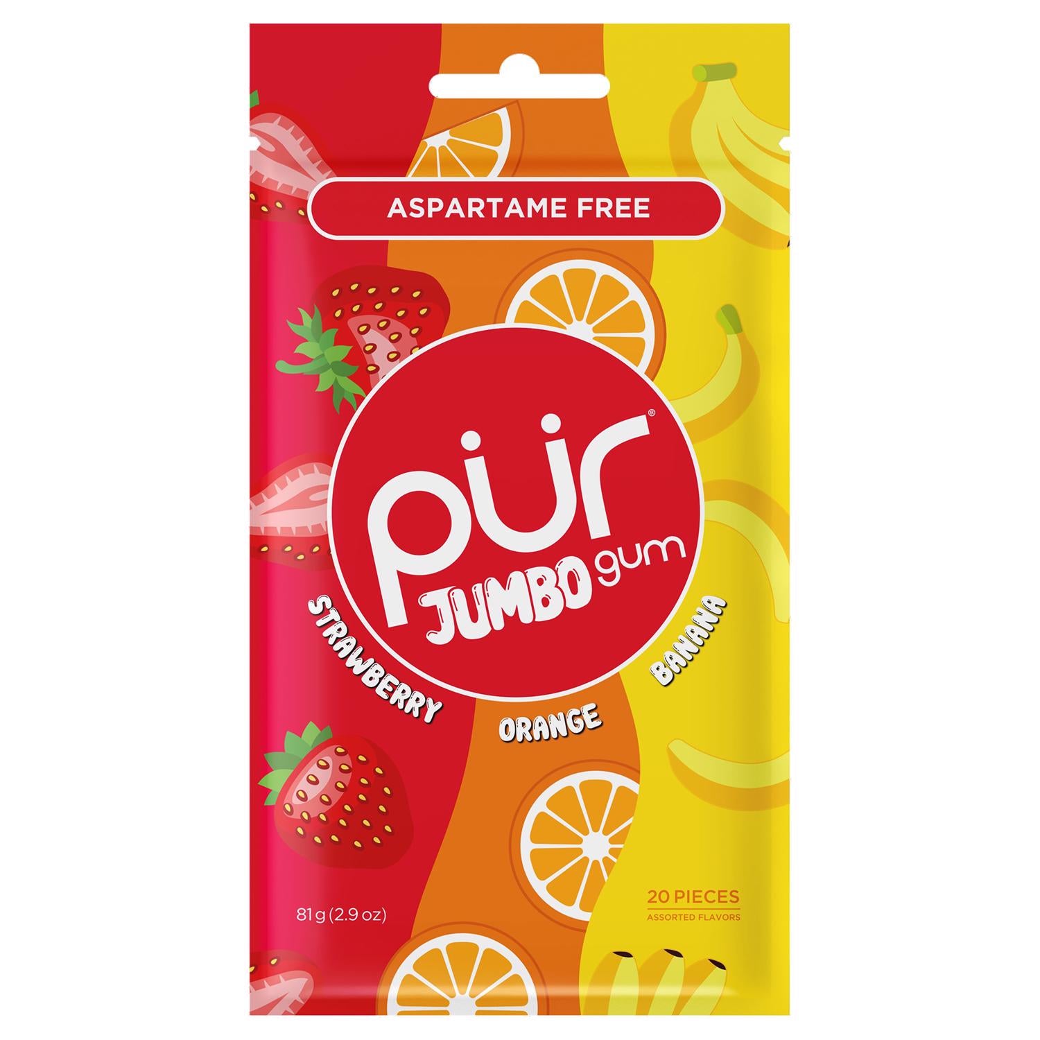 PUR Jumbo Sugar Free Strawberry/Banana/Orange Chewing Gum 1 pk 2.9 oz - Case of 10
