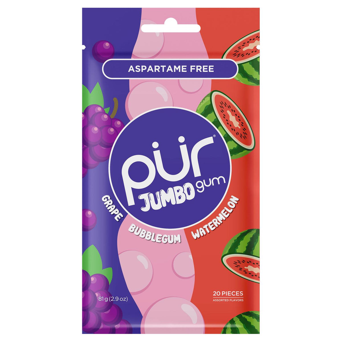 PUR Jumbo Sugar Free Grape/Bubblegum/Watermelon Chewing Gum 1 pk 2.9 oz - Case of 10